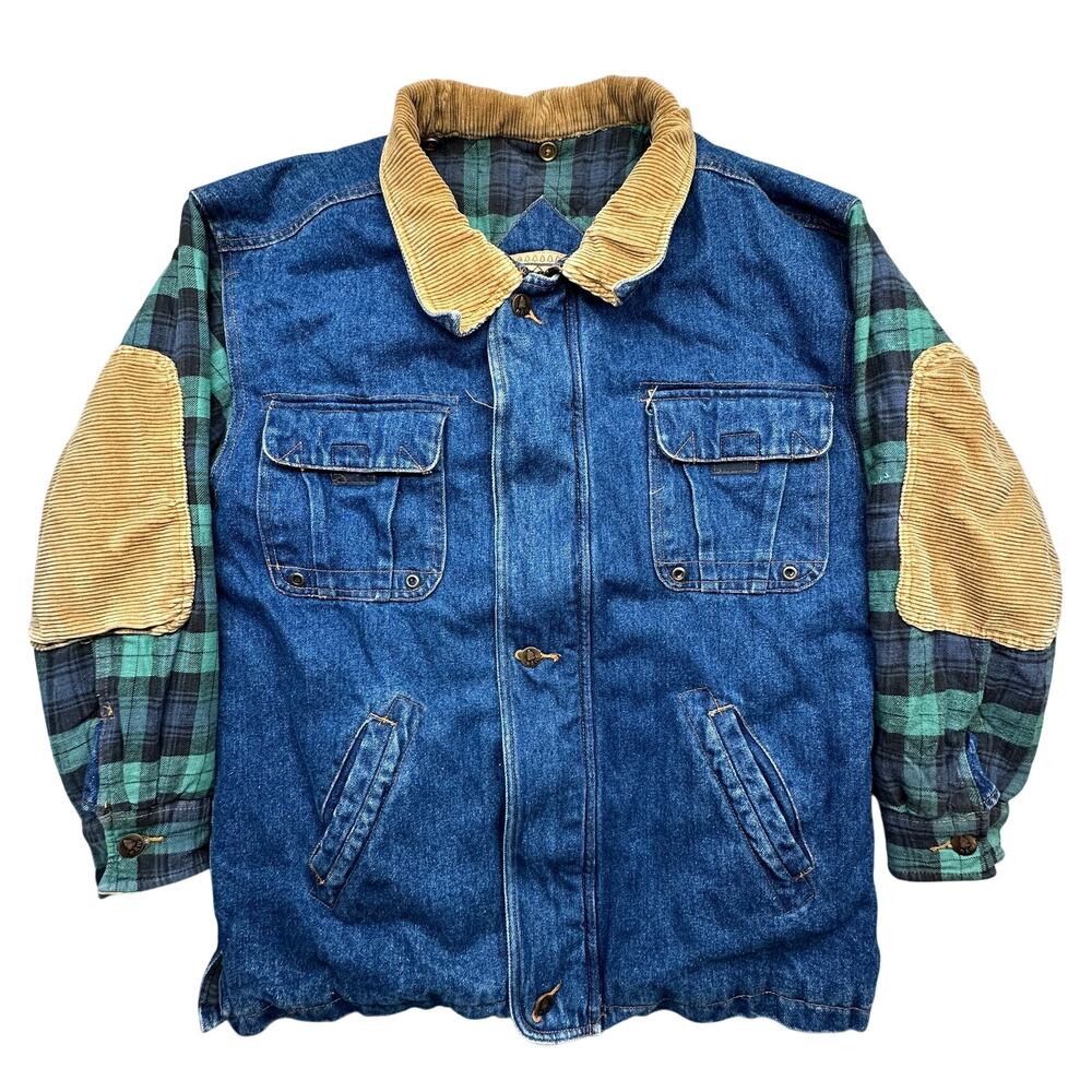 Vintage RAW Women 16/18 XL Denim Jean Work Chore Barn Coat Green Plaid Corduroy